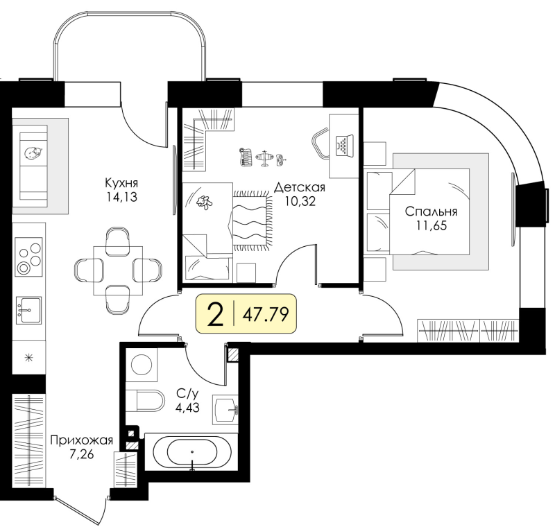 2-комнатная квартира, 47.79 м² в ЖК "Всевгород" - планировка, фото №1