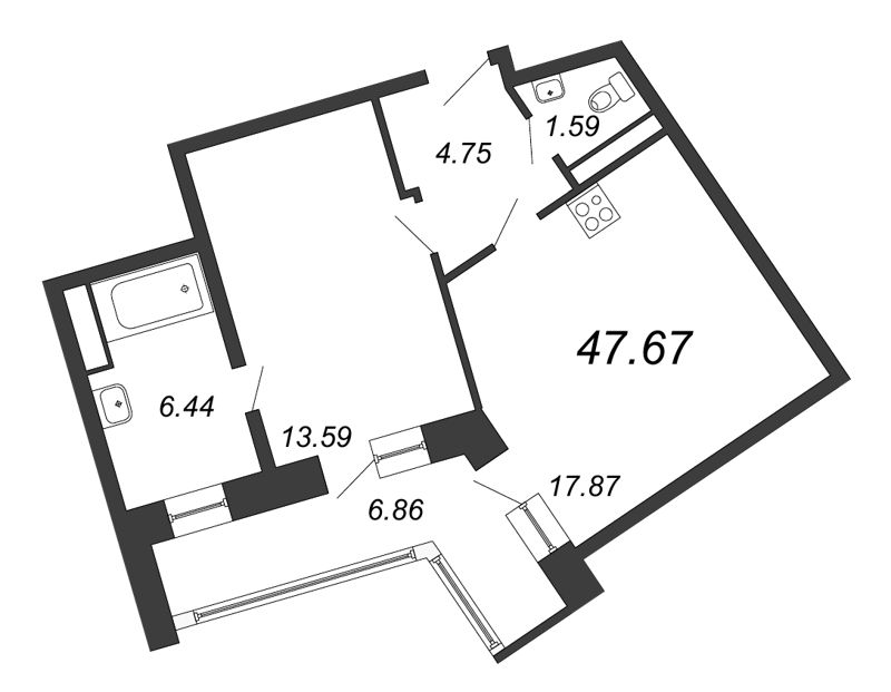 2-комнатная (Евро) квартира, 47.67 м² в ЖК "Ariosto" - планировка, фото №1