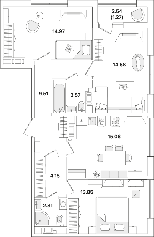 3-комнатная квартира, 79.77 м² - планировка, фото №1