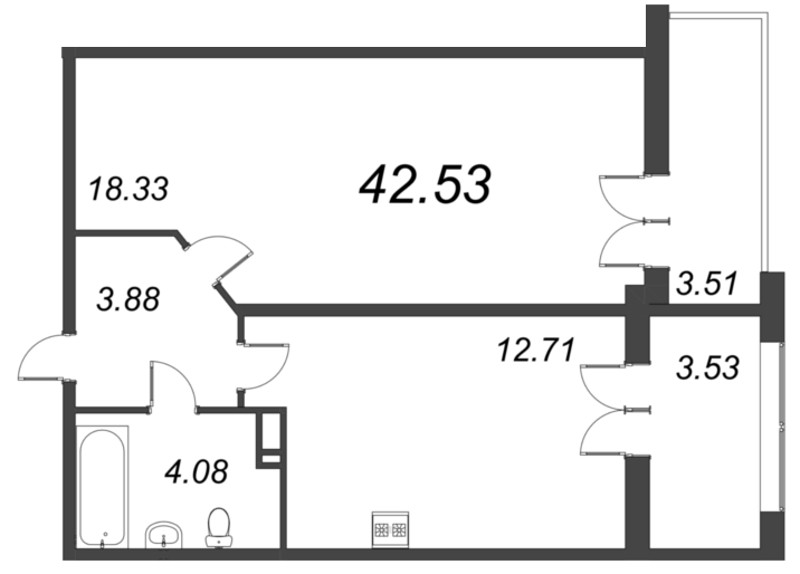 1-комнатная квартира, 42.53 м² в ЖК "Рождественский квартал" - планировка, фото №1