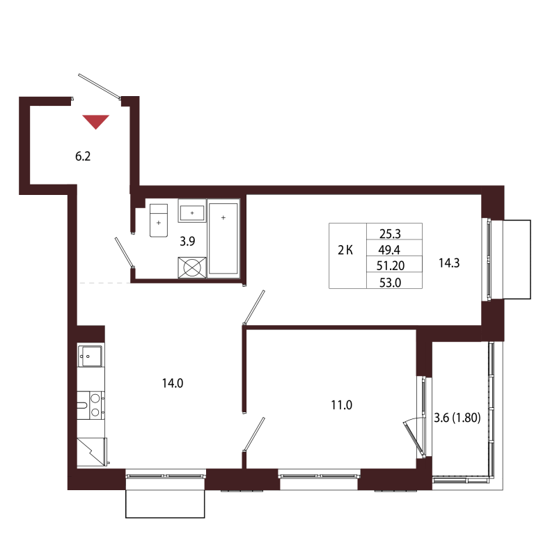2-комнатная квартира, 51.2 м² в ЖК "Лисино" - планировка, фото №1