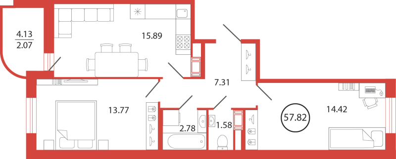 3-комнатная (Евро) квартира, 57.82 м² - планировка, фото №1