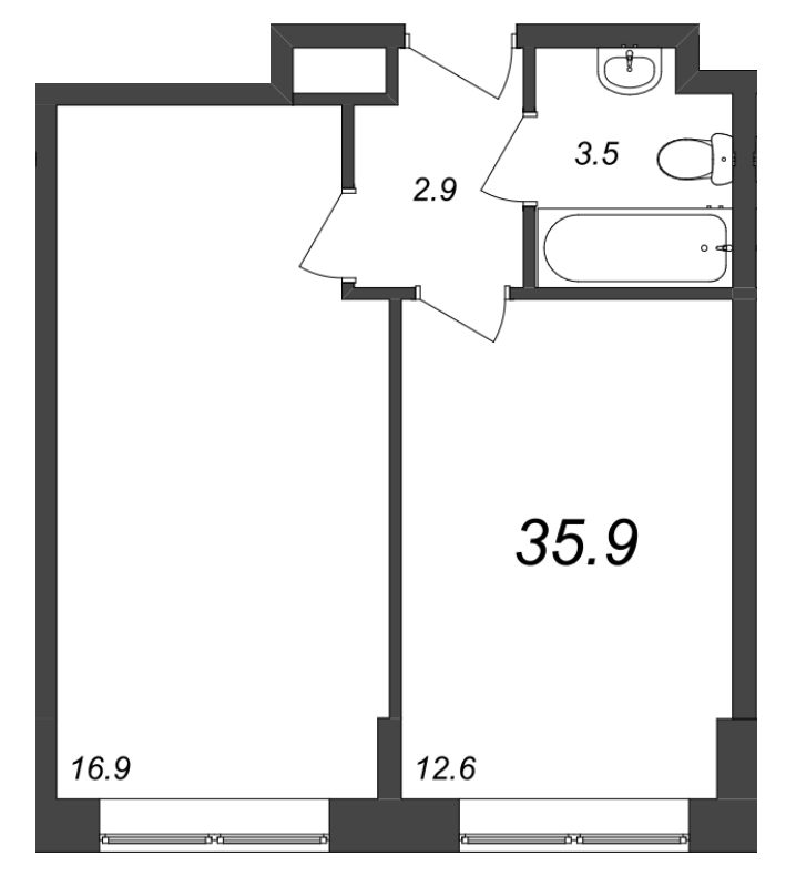 2-комнатная (Евро) квартира, 37.21 м² - планировка, фото №1
