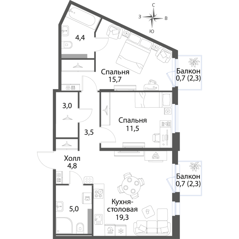 3-комнатная (Евро) квартира, 68.6 м² в ЖК "Экография" - планировка, фото №1