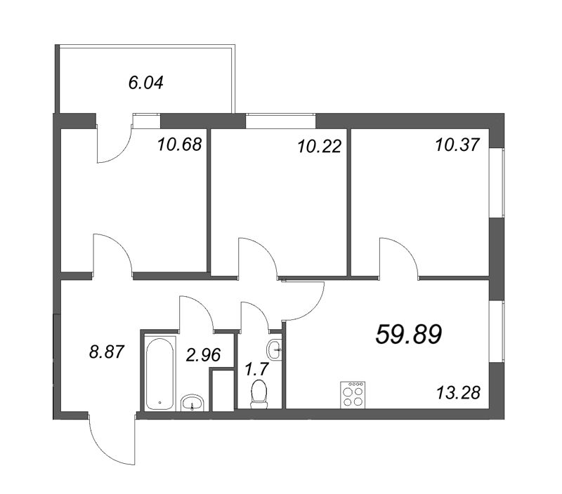 3-комнатная квартира, 60 м² - планировка, фото №1