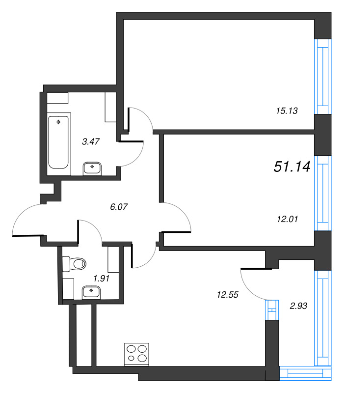 2-комнатная квартира, 51.14 м² - планировка, фото №1