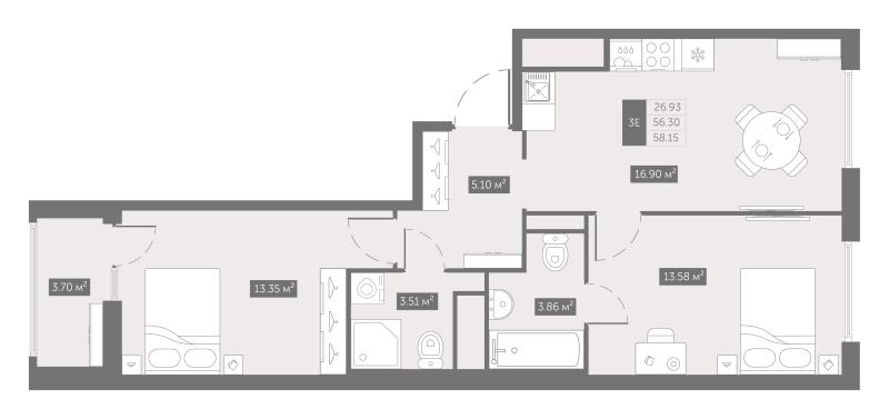 3-комнатная (Евро) квартира, 58.1 м² в ЖК "UP-квартал Новый Московский" - планировка, фото №1