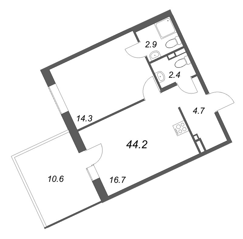 2-комнатная (Евро) квартира, 44.2 м² в ЖК "Экография" - планировка, фото №1