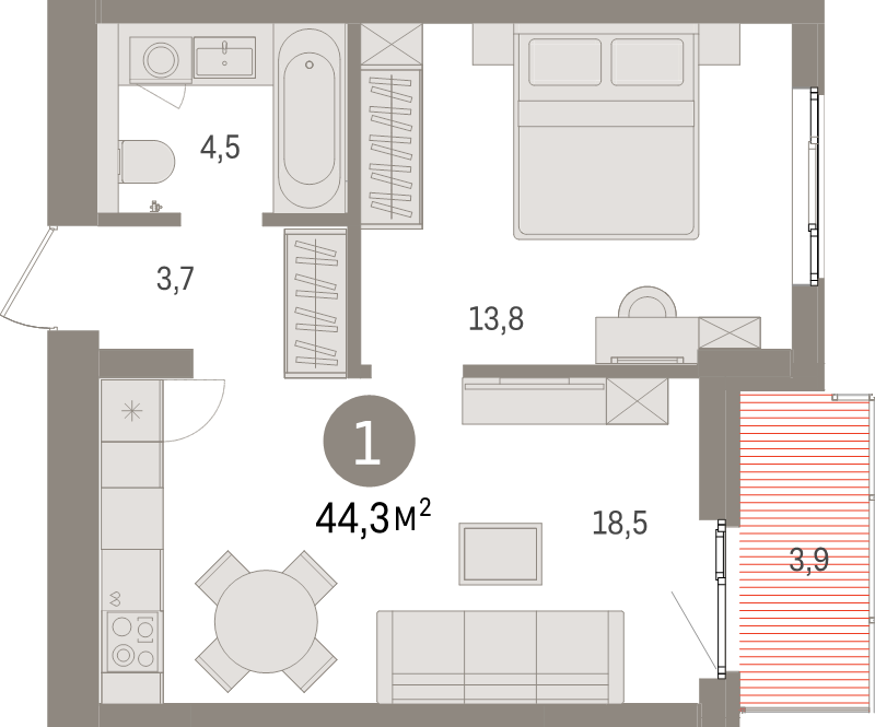 2-комнатная (Евро) квартира, 44.3 м² в ЖК "Брусника в Новоселье" - планировка, фото №1