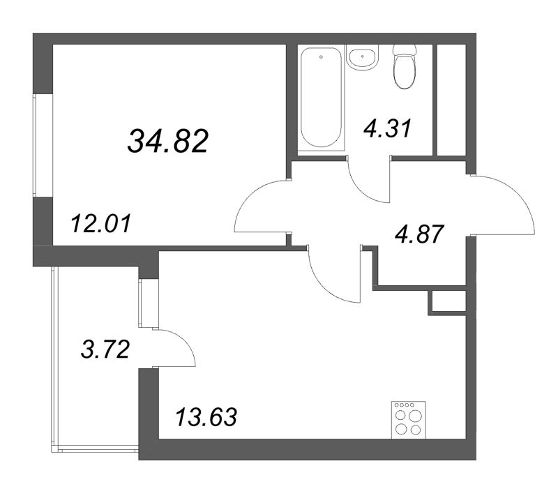 1-комнатная квартира, 34.82 м² в ЖК "Ясно.Янино" - планировка, фото №1