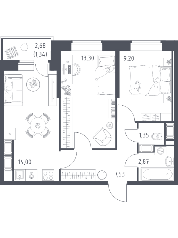 2-комнатная квартира, 49.59 м² - планировка, фото №1