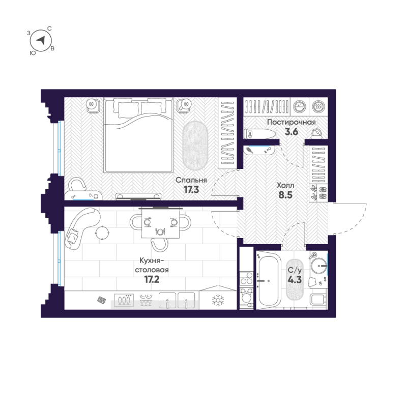2-комнатная (Евро) квартира, 50.9 м² в ЖК "Mariinka Deluxe" - планировка, фото №1