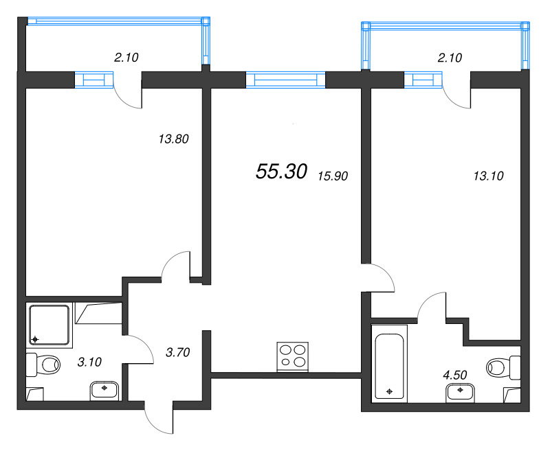 3-комнатная (Евро) квартира, 55.3 м² в ЖК "Дыбенко Парк" - планировка, фото №1