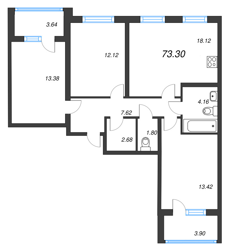 4-комнатная (Евро) квартира, 73.3 м² в ЖК "Любоград" - планировка, фото №1