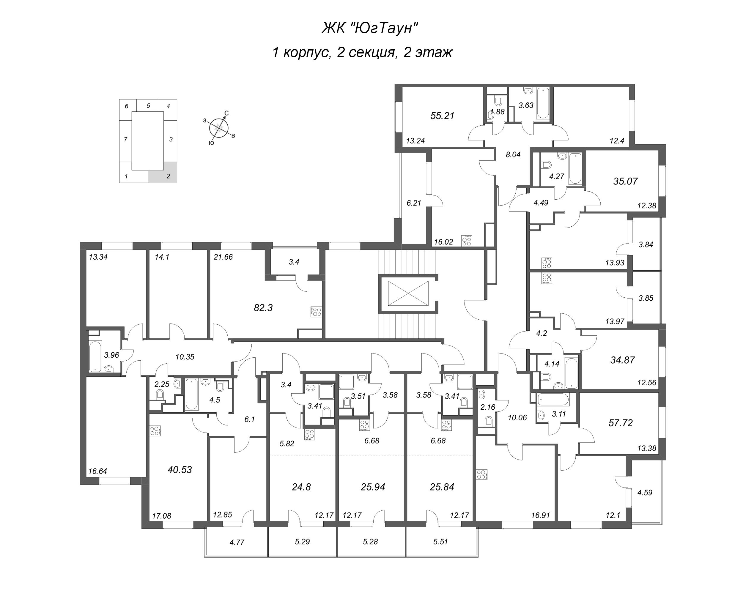 Квартира-студия, 24.8 м² в ЖК "ЮгТаун" - планировка этажа