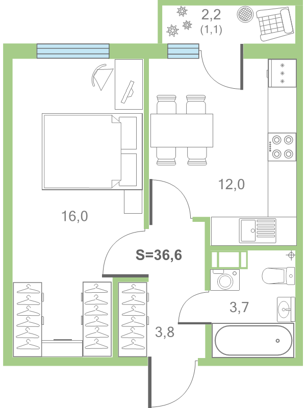 1-комнатная квартира, 36.7 м² в ЖК "Дуэт" - планировка, фото №1