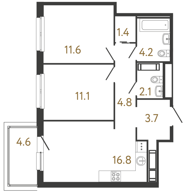 3-комнатная (Евро) квартира, 55.7 м² в ЖК "Передвижники" - планировка, фото №1