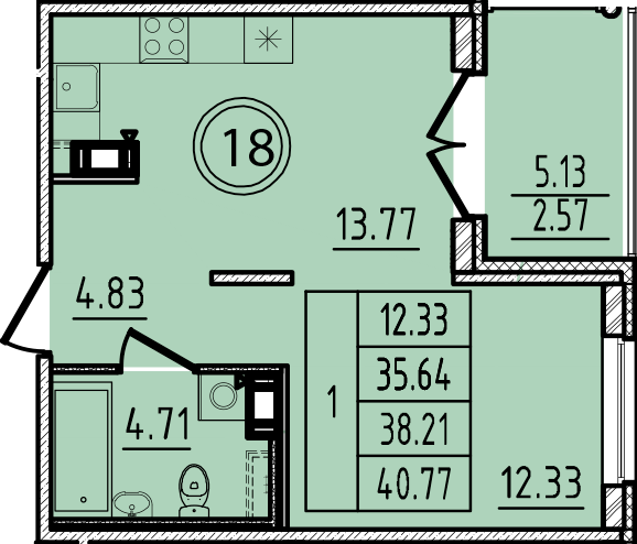 1-комнатная квартира, 35.64 м² в ЖК "Образцовый квартал 14" - планировка, фото №1
