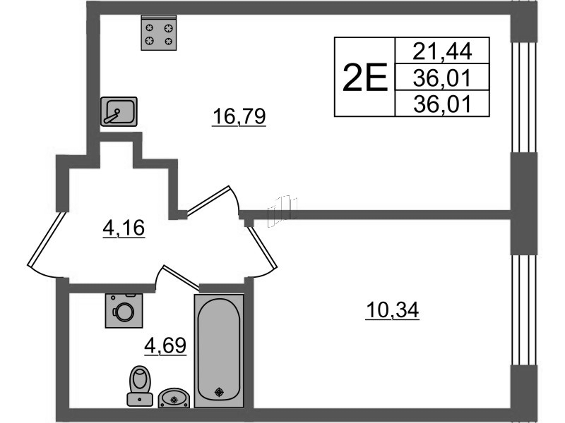 2-комнатная (Евро) квартира, 36.01 м² в ЖК "Аквилон Янино" - планировка, фото №1