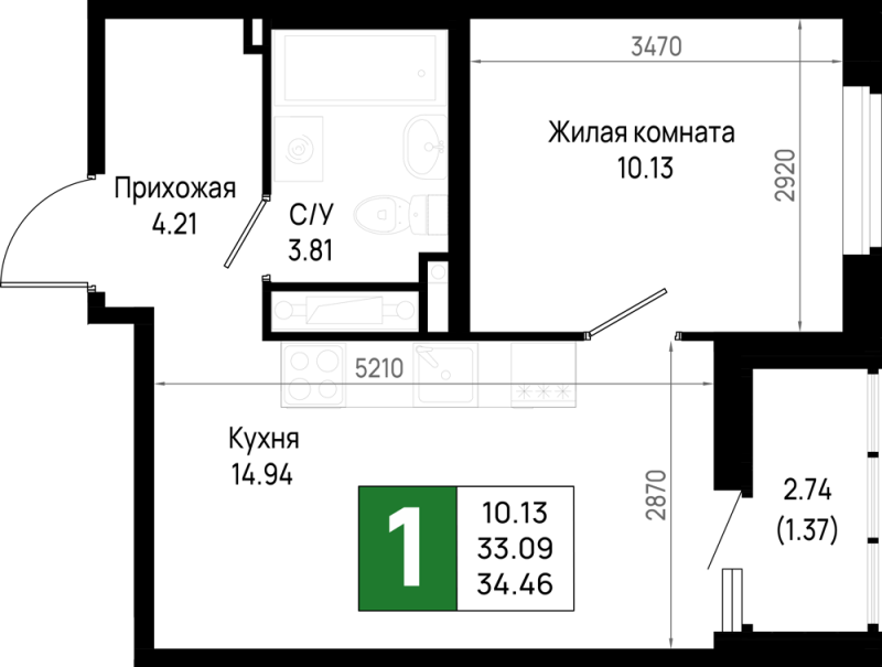 1-комнатная квартира, 34.46 м² в ЖК "Имена" - планировка, фото №1