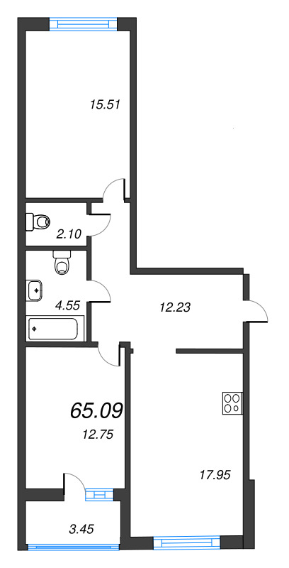 3-комнатная (Евро) квартира, 65.09 м² - планировка, фото №1