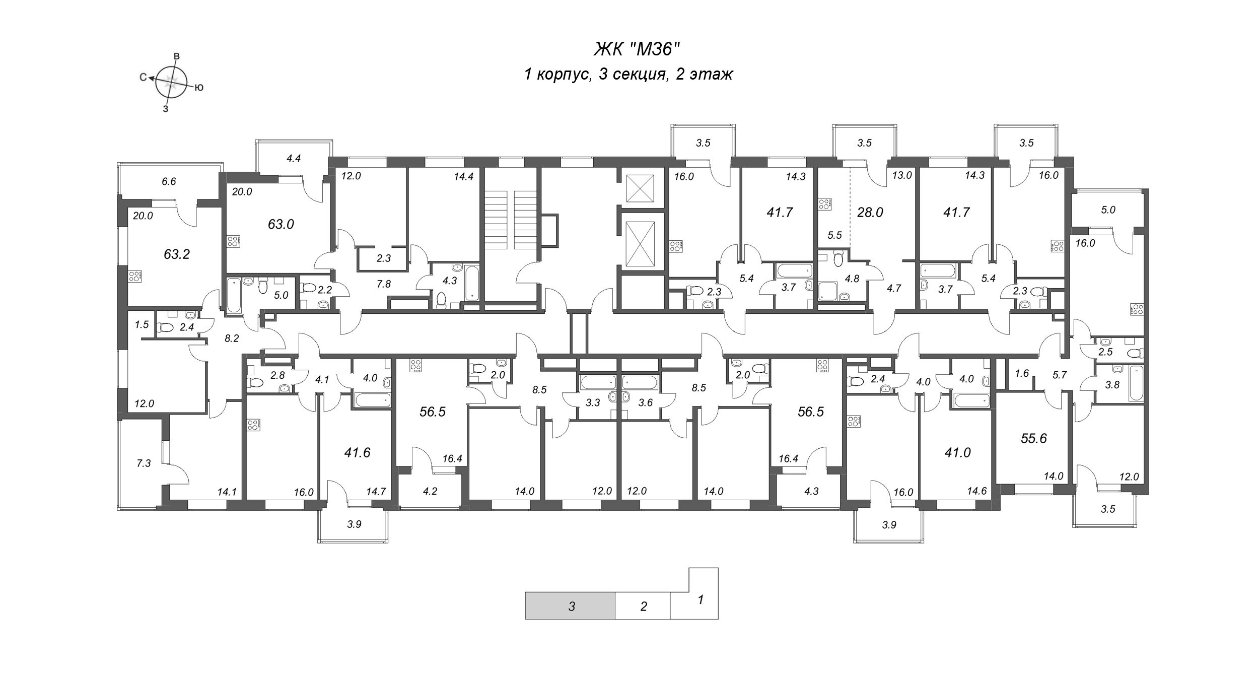 2-комнатная (Евро) квартира, 41.7 м² в ЖК "М36" - планировка этажа