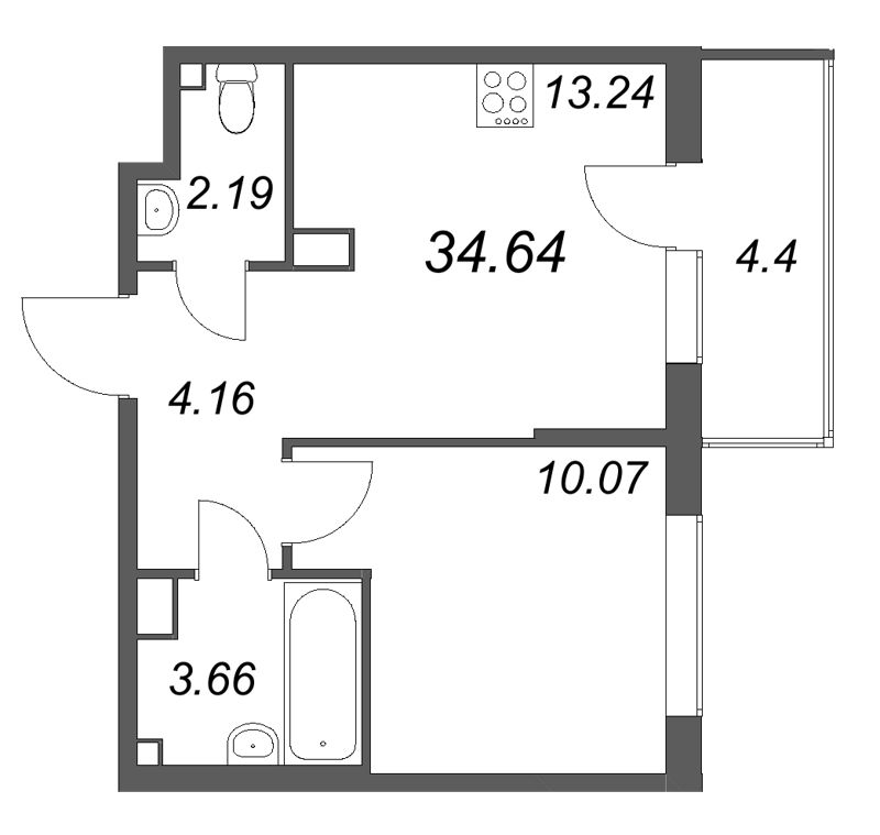 1-комнатная квартира, 34.64 м² в ЖК "Охтинские высоты" - планировка, фото №1