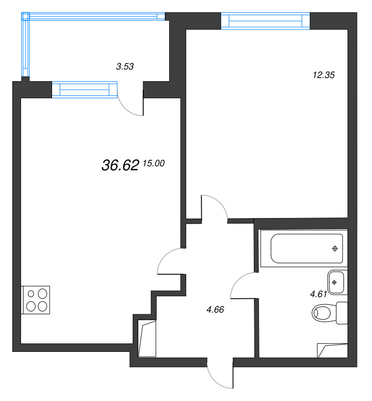 1-комнатная квартира, 36.62 м² в ЖК "ЮгТаун" - планировка, фото №1