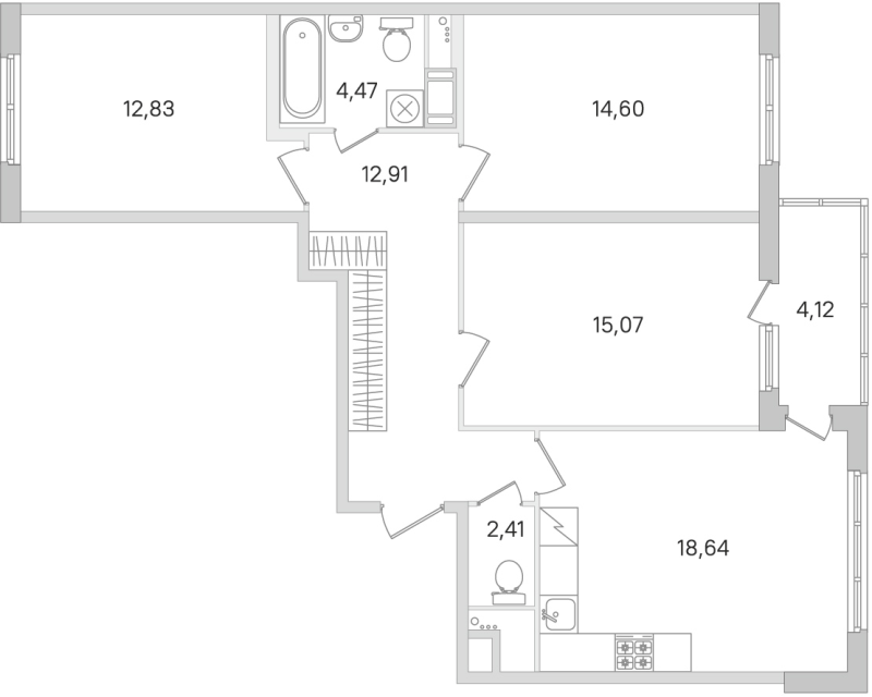 4-комнатная (Евро) квартира, 80.93 м² в ЖК "Ясно.Янино" - планировка, фото №1