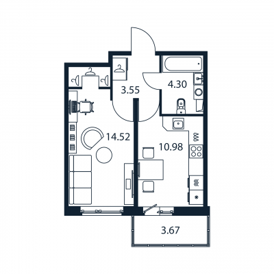 1-комнатная квартира, 33.35 м² в ЖК "Полис ЛАВрики" - планировка, фото №1