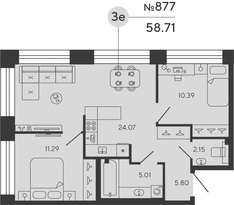 3-комнатная (Евро) квартира, 57.54 м² в ЖК "Bashni Element" - планировка, фото №1