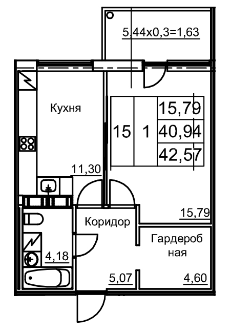 1-комнатная квартира, 43.66 м² в ЖК "Финский квартал" - планировка, фото №1