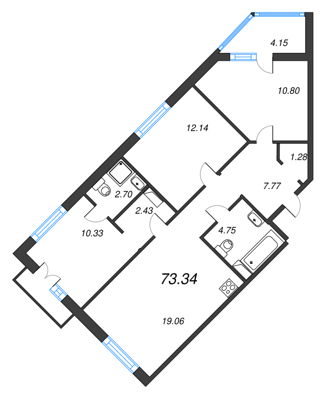 4-комнатная (Евро) квартира, 75.41 м² в ЖК "Jaanila Драйв" - планировка, фото №1