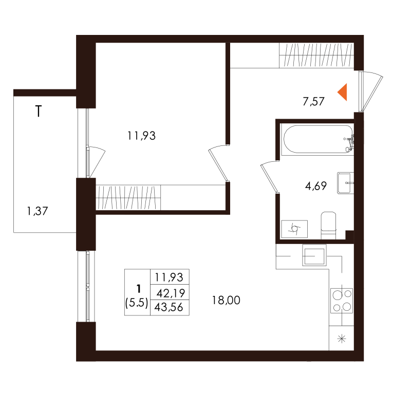 2-комнатная (Евро) квартира, 43.56 м² - планировка, фото №1
