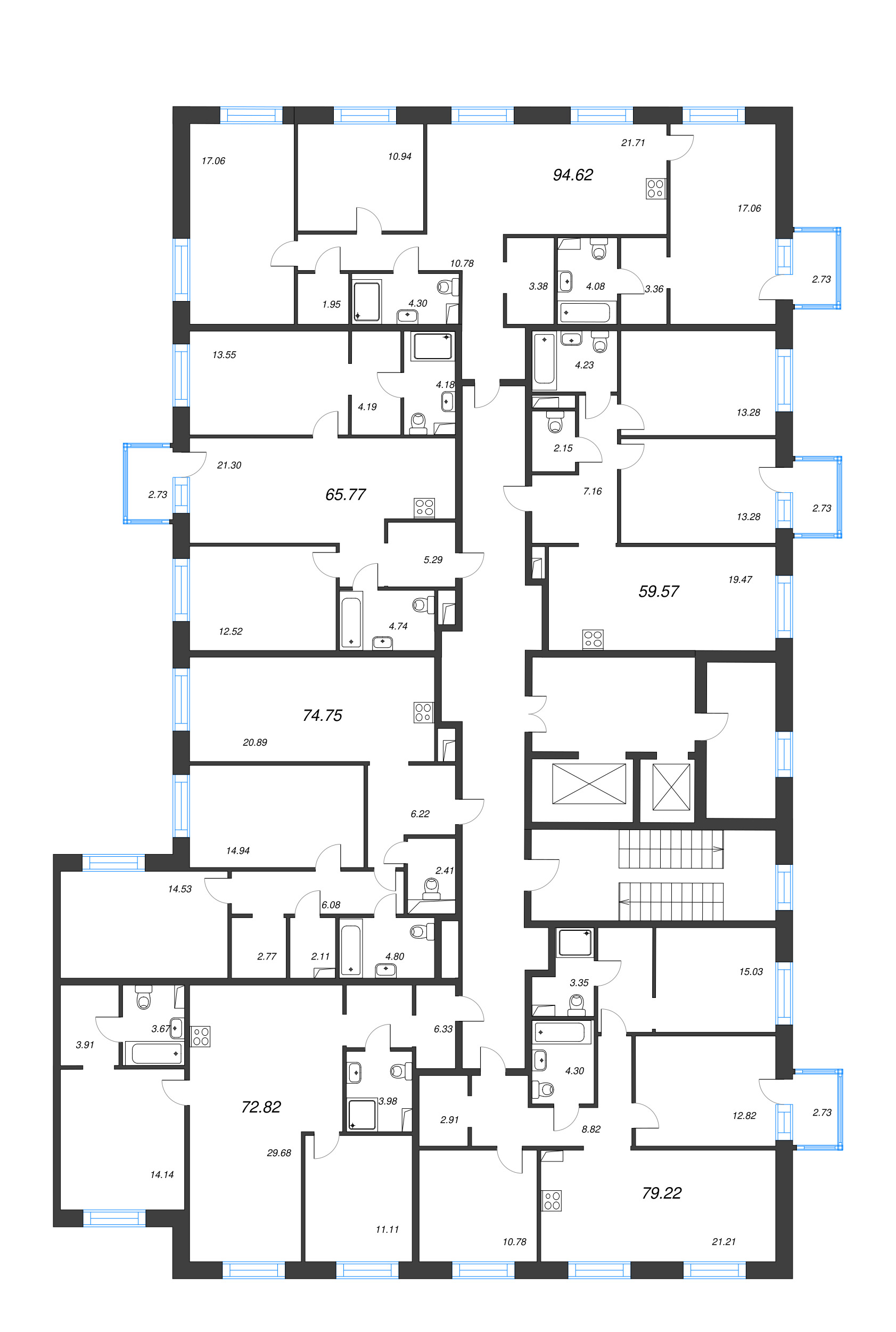 3-комнатная (Евро) квартира, 72.82 м² в ЖК "Остров Первых" - планировка этажа