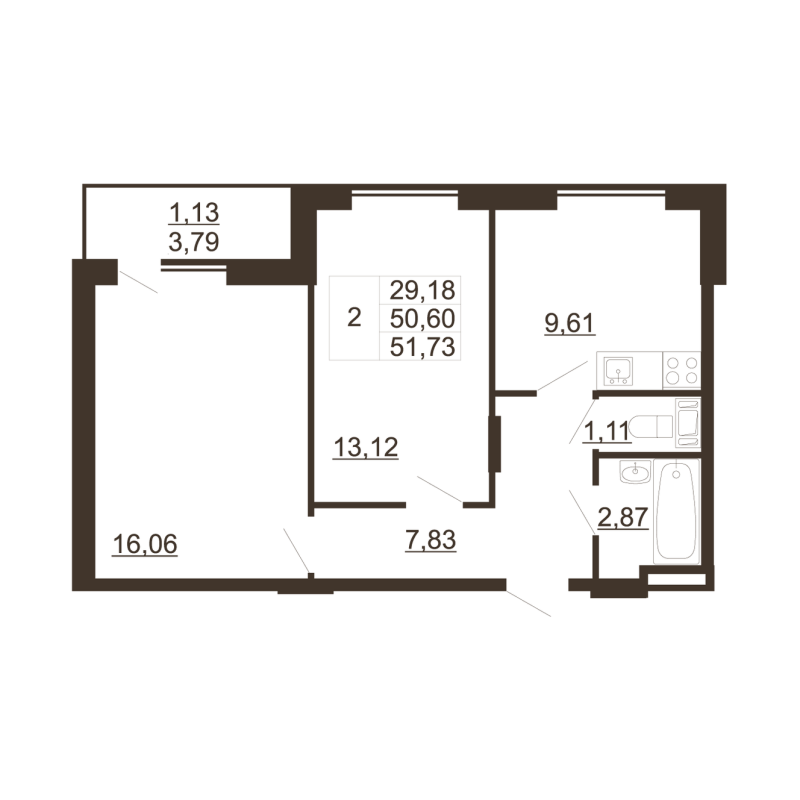 2-комнатная квартира, 51.73 м² - планировка, фото №1