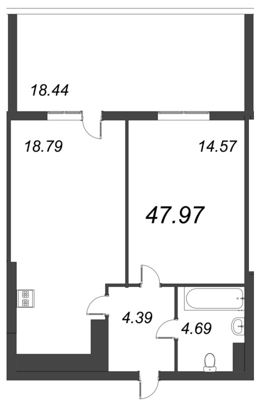 2-комнатная (Евро) квартира, 47.97 м² в ЖК "Bereg. Курортный" - планировка, фото №1