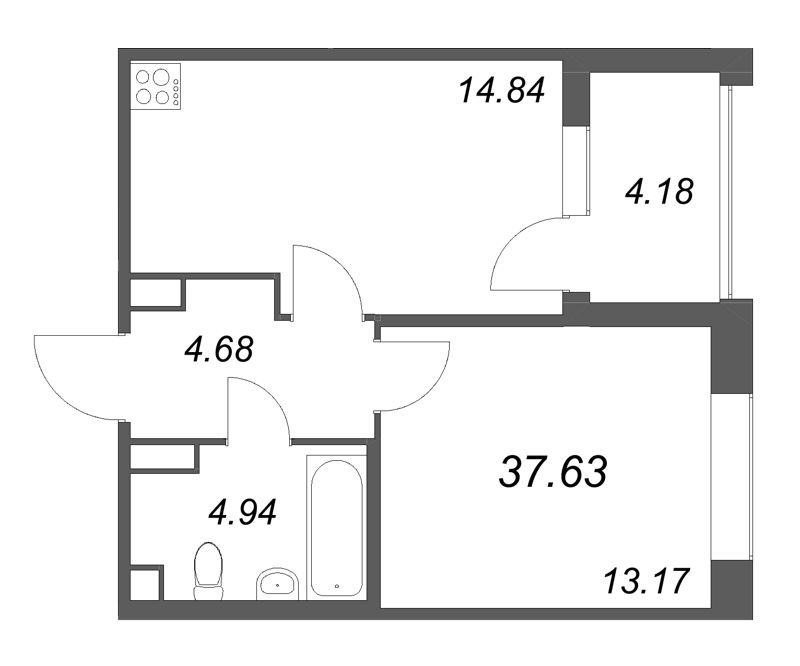 1-комнатная квартира, 37.63 м² в ЖК "Дом на Курской" - планировка, фото №1