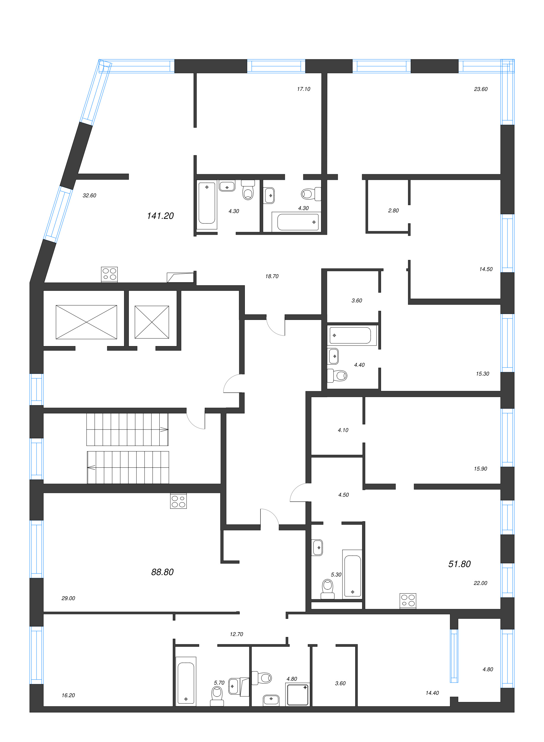 3-комнатная (Евро) квартира, 88.8 м² в ЖК "ЛДМ" - планировка этажа