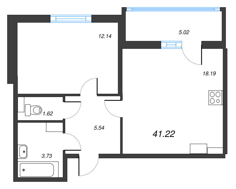 2-комнатная (Евро) квартира, 41.22 м² в ЖК "ПАТИО. Уютный квартал" - планировка, фото №1