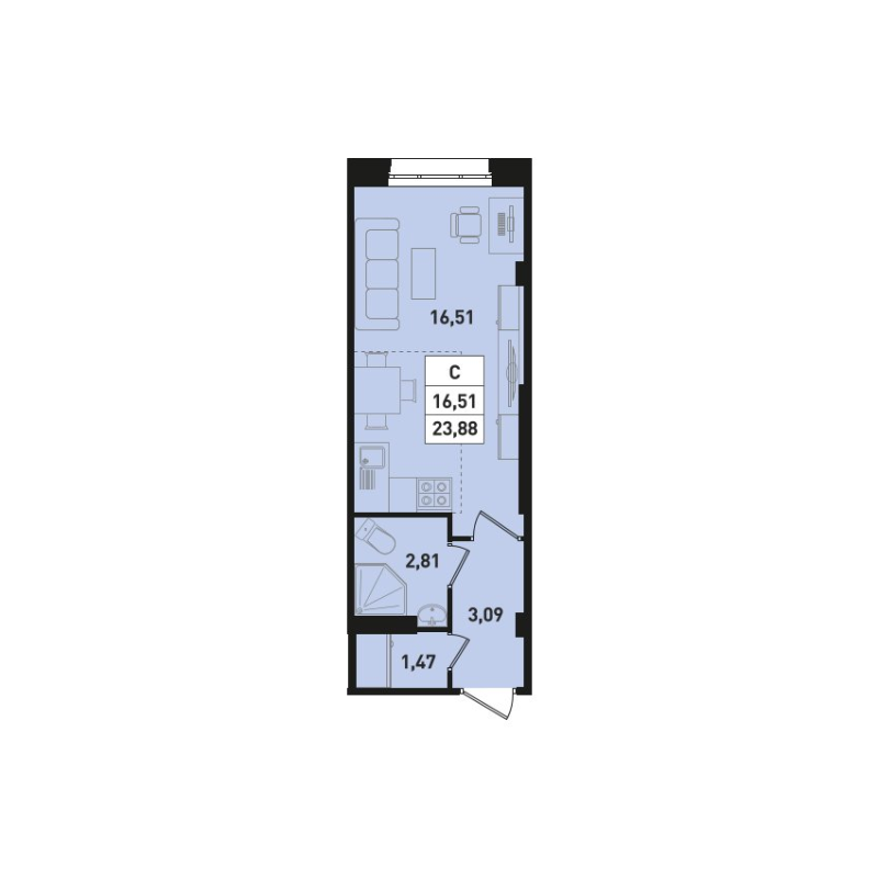 Квартира-студия, 23.88 м² в ЖК "Ромашки" - планировка, фото №1