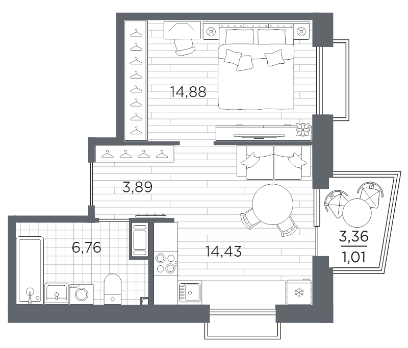 1-комнатная квартира, 40.97 м² в ЖК "Respect" - планировка, фото №1