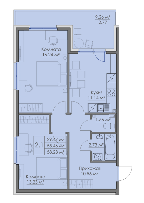 2-комнатная квартира, 58.23 м² в ЖК "Малая Финляндия" - планировка, фото №1