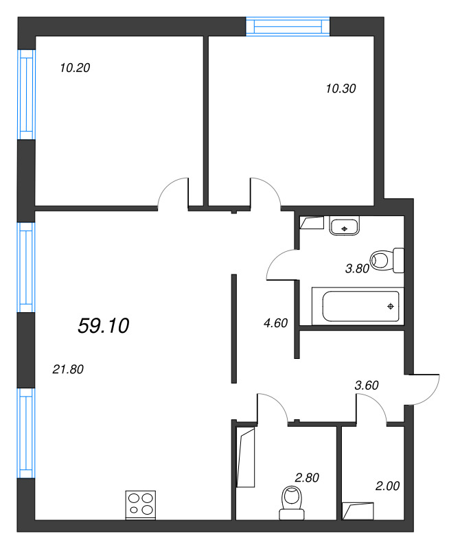 3-комнатная (Евро) квартира, 59.1 м² - планировка, фото №1