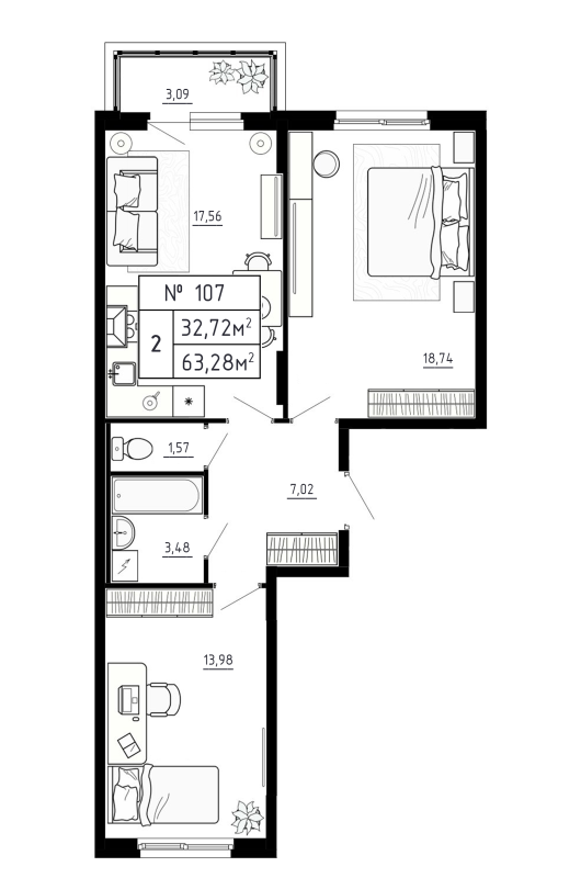 3-комнатная (Евро) квартира, 63.28 м² в ЖК "Аннино Сити" - планировка, фото №1