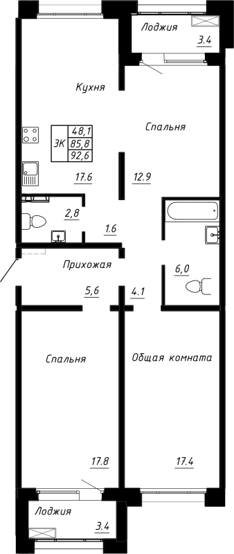4-комнатная (Евро) квартира, 92.6 м² в ЖК "Сибирь" - планировка, фото №1