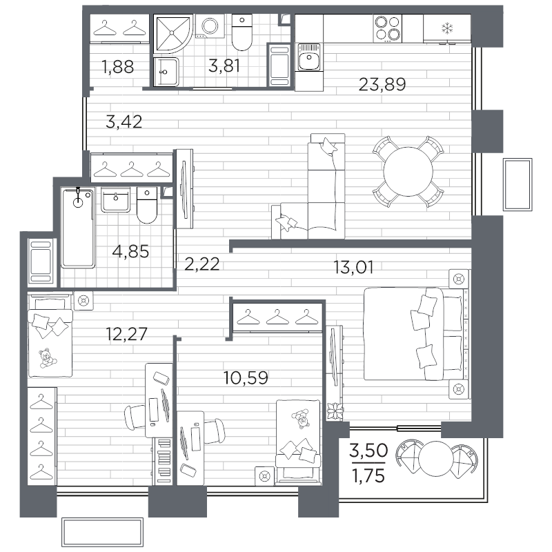 4-комнатная (Евро) квартира, 77.69 м² в ЖК "Respect" - планировка, фото №1