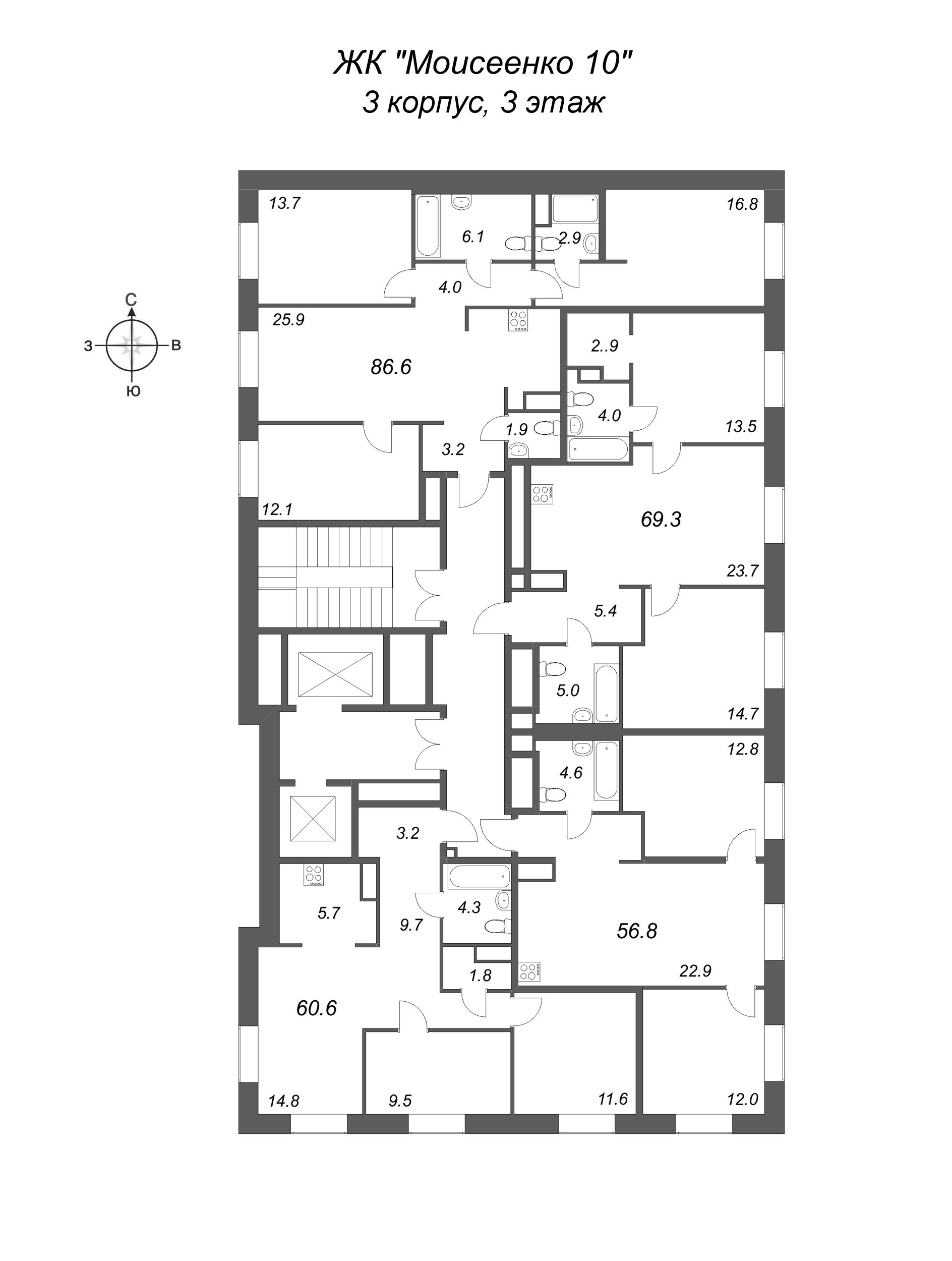 2-комнатная квартира, 60.6 м² в ЖК "Моисеенко 10" - планировка этажа