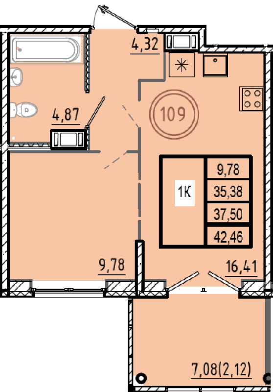 2-комнатная (Евро) квартира, 35.38 м² в ЖК "Образцовый квартал 9.1" - планировка, фото №1