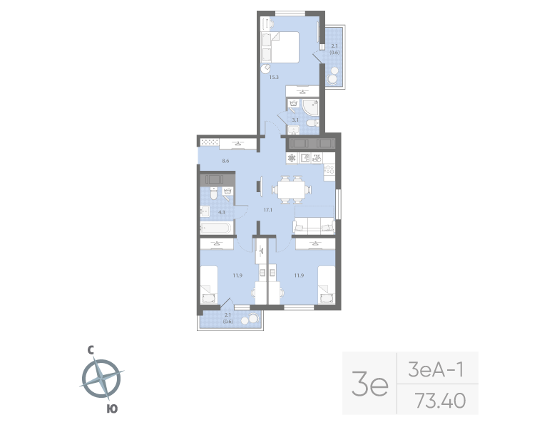 4-комнатная (Евро) квартира, 72.2 м² в ЖК "Дыбенко Парк" - планировка, фото №1